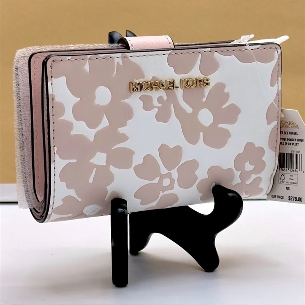 Michael Kors Jet Set Medium Floral Print Bi-Fold Wallet POWDER BLUSH NWT